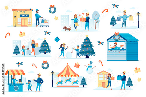 Winter festival bundle of flat scenes. Festive carnival  amusement fair isolated set. Carousel  candy shop  snowman and gifts elements. Family shopping and play outdoor cartoon vector illustration.