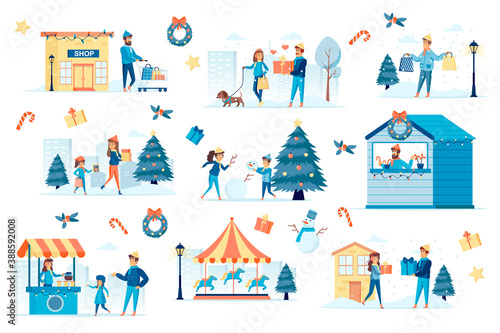 Winter festival bundle of flat scenes. Festive carnival, amusement fair isolated set. Carousel, candy shop, snowman and gifts elements. Family shopping and play outdoor cartoon vector illustration.