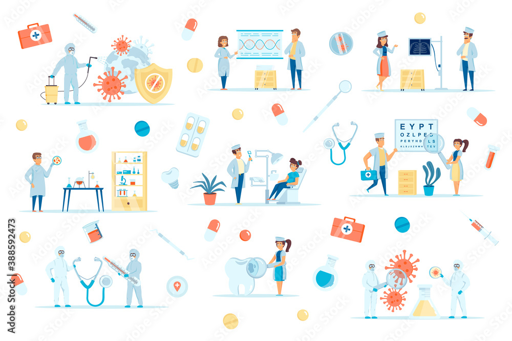Coronavirus pandemic bundle of flat scenes. Virus research, vaccine development isolated set. Doctor and patient, laboratory, clinic elements. Prevention and disinfection cartoon vector illustration.