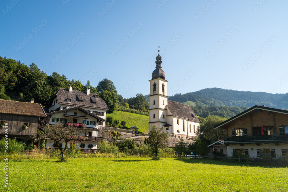 Beautiful view of church of St Sebastian in the summer, Bavarian Alps, South Germany