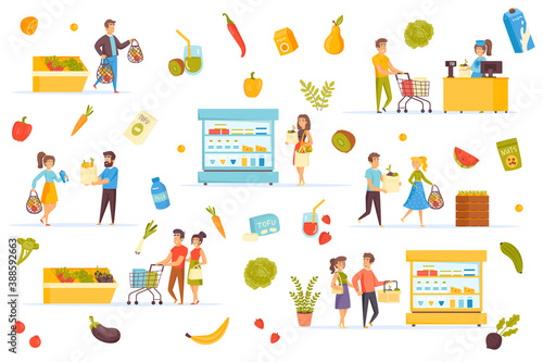 Vegan food bundle of flat scenes. People buying eco products in shop isolated set. Fresh fruits and vegetables, dairy products, buyers with bags elements. Healthy food cartoon vector illustration.