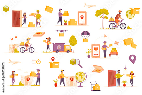 Delivery service bundle of flat scenes. Couriers holding parcels isolated set. Smartphone with app, deliveryman carrying boxes, transport elements. Express delivery at home cartoon vector illustration