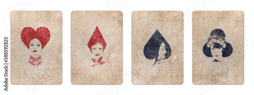 Aces Faces. Symbols of hearts, diamonds, spades and clubs, represented by female faces, on aged vintage style paper. Isolated on white background.