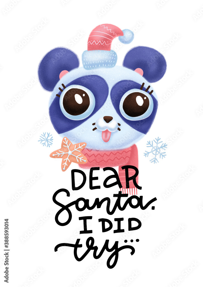 Dear Santa, I did really try phrase poster. Christmas hand drawn lettering with cute panda face in Santa hat. Greeting card with calligraphy on white background. Textured illustration. Dear Santa, I did really try phrase poster. Christmas hand drawn lettering with cute panda face in Santa hat. Greeting card with calligraphy on white background. Textured illustration.