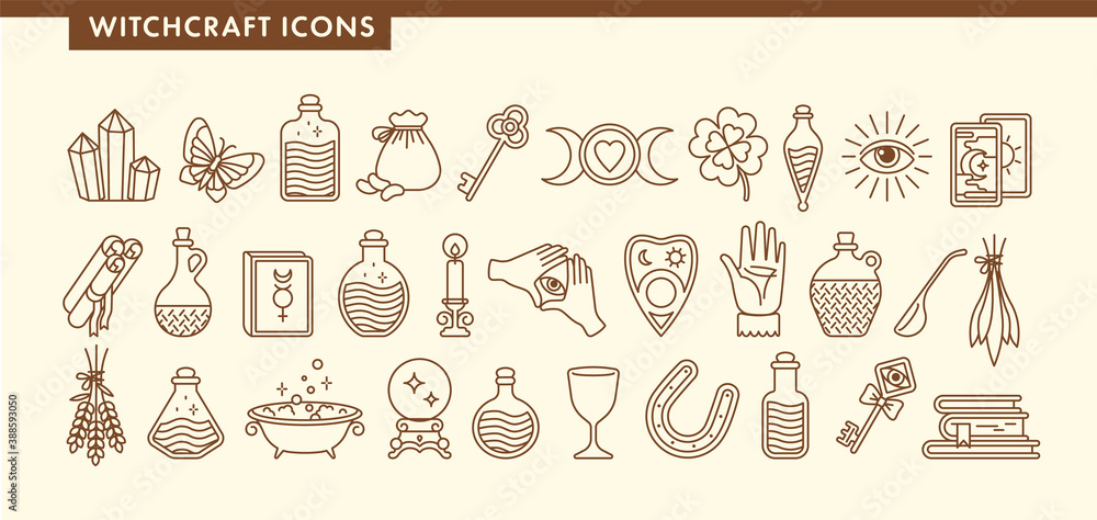 Set for witchcraft icons. Book, cup, crystal, tarot cards, butterfly, horseshoe, moon, magic ball, beans, lavender, bottles with potion and poison. Halloween. Outline vector illustration. Set for witchcraft icons. Book, cup, crystal, tarot cards, butterfly, horseshoe, moon, magic ball, beans, lavender, bottles with potion and poison. Halloween. Outline vector illustration.
