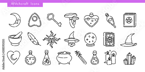 Set for witchcraft icons. Book, candle, crystal, key, tarot cards, hat, skull, sun, moon, magic ball, cauldron, bottles with potion and poison. Halloween. Flat outline vector illustration. 