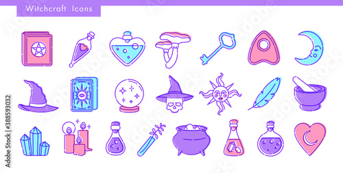 Set for witchcraft icons. Book, candle, crystal, key, tarot cards, hat, skull, sun, moon, magic ball, cauldron, bottles with potion and poison. Halloween. Flat outline vector illustration. 