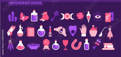 Set for witchcraft icons. Book, cup, crystal, tarot cards, butterfly, horseshoe, moon, magic ball, beans, lavender, bottles with potion and poison. Halloween. Flat vector illustration. 
