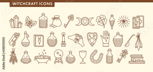 Set for witchcraft icons. Book, cup, crystal, tarot cards, butterfly, horseshoe, moon, magic ball, beans, lavender, bottles with potion and poison. Halloween. Outline vector illustration. 