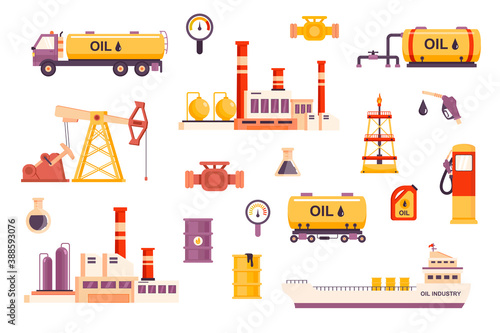 Oil industry bundle of flat scenes. Fuel production isolated set. Drilling rig, factory, oil tanker ship, fuel truck, tank car, pumpjack, gas station, barrel elements. Cartoon vector illustration.