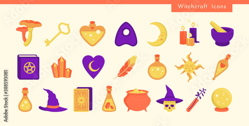 Set for witchcraft icons. Book, candle, crystal, key, tarot cards, hat, skull, sun, moon, magic ball, cauldron, bottles with potion and poison. Halloween. Flat vector illustration. 