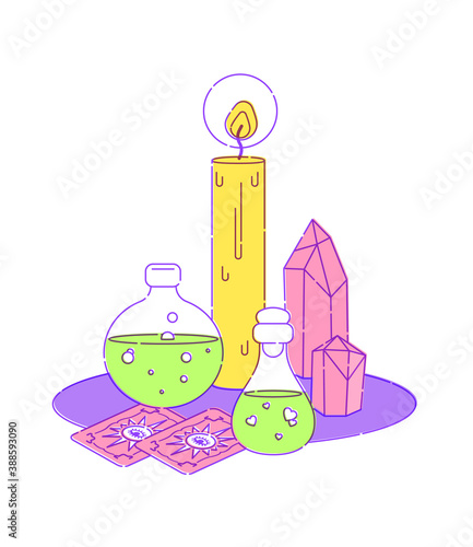 Set for witches magic ritual. Witchcraft around candles, crystals, and bottles of potion and poison. Flat vector illustration. Outline stroke is not expanded.