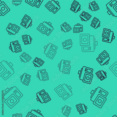 Black line Action extreme camera icon isolated seamless pattern on green background. Video camera equipment for filming extreme sports. Vector.