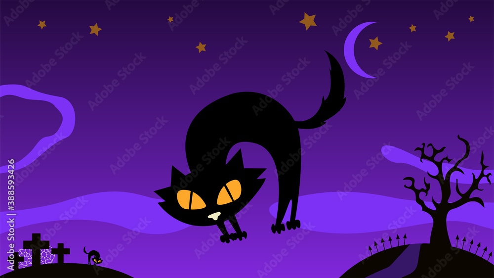 Scared flat black cat on violet background for Halloween holiday, flat vector illustration design for banner.