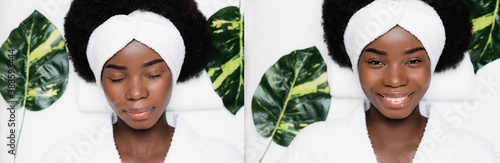Fotografija Collage of african american woman in white headband and bathrobe lying near gree