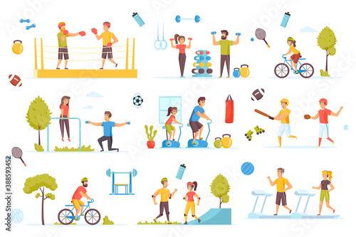 Sports activities bundle of flat scenes. Fitness and outdoor workout isolated set. Boxer, cyclist, runner, treadmill, roller skates, barbell, gym, baseball player elements. Cartoon vector illustration