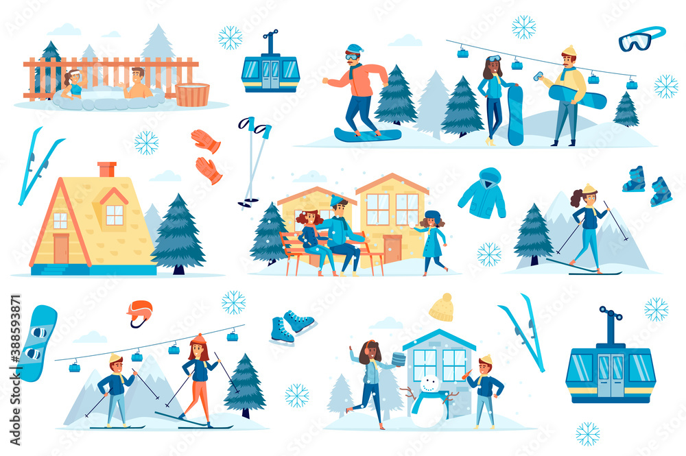Winter resort bundle of flat scenes. Mountain ski resort isolated set. Funicular, cottage, bathtub jacuzzi, snowman, sportswear, nature, snowboarding and skiing elements. Cartoon vector illustration.