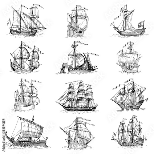 A set of images of old sailing ships. Hand drawn vector sketch.