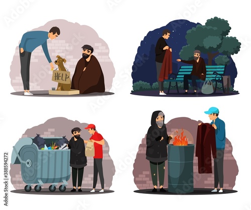 Man helping poor homeless people set. Poverty and charity vector illustration. Guy giving food, clothes, money to beggars in poverty. Social inequality in society. Volunteer workers