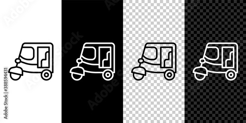 Set line Taxi tuk tuk icon isolated on black and white background. Indian auto rickshaw concept. Delhi auto. Vector.