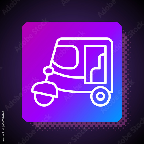White line Taxi tuk tuk icon isolated on black background. Indian auto rickshaw concept. Delhi auto. Square color button. Vector.