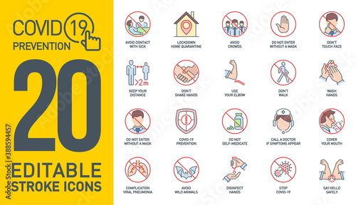 Prevention Coronavirus Covid19 color line icons set isolated on white. Perfect outline medicine colorful symbol pandemic. Colored design elements virus treatment. Protection Icons with editable Stroke