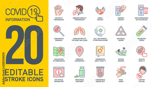 information Coronavirus Covid19 color line icons isolated on white. Perfect outline medicine colorful symbol pandemic. Colored design elements virus treatment. infographics Icons with editable Stroke