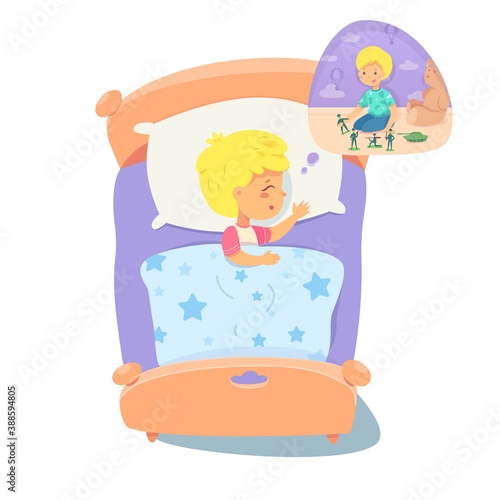 Child sleeping at bed  dreaming of playing with toy soldiers in bubble. Calm boy under blanket on pillow in bedroom asleep at night. Happy childhood bedtime vector illustration