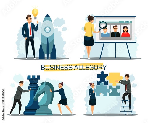 Business work concepts set. People cooperating together as team, man having idea, partners connecting puzzle, employees playing chess as allegory of collaboration, recruitment vector illustration