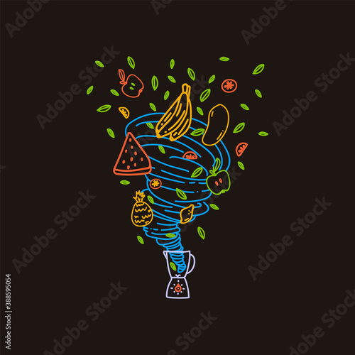 Cartoon illustration of a fruit mix in the Doodle style. Fruits: banana, mango, Apple, lemon, mint leaves, lemonade or fruit mix. Picture mixer with a swirl of fruit is perfect for the menu in a cafe
