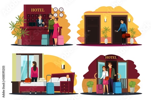 Hotel scenes in city illustration set. People traveling and staying at hotel with luggage. Happy holiday vacation vector. Tourists at reception counter, woman in room, family in hall