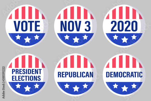 Vector set of round tag or badges depicting the flag and the date of the presidential election 2020 in the United States
