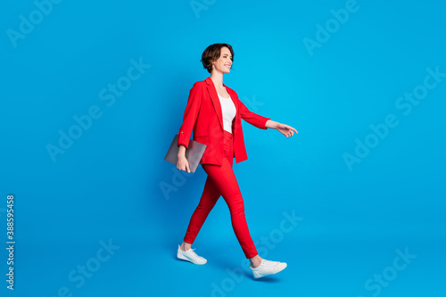 Full length body size view of nice attractive cheerful lady going carrying laptop isolated over bright blue color background