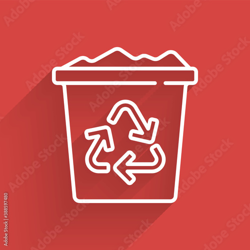 White line Recycle bin with recycle symbol icon isolated with long shadow. Trash can icon. Garbage bin sign. Recycle basket sign. Vector.