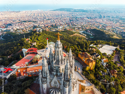 Photography Beautiful aerial view of Tibidabo temple and theme park in Barcelona