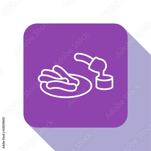 White line Churros and chocolate icon isolated on white background. Traditional national Spain dessert, European street food. Purple square button. Vector.