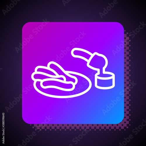 White line Churros and chocolate icon isolated on black background. Traditional national Spain dessert, European street food. Square color button. Vector.