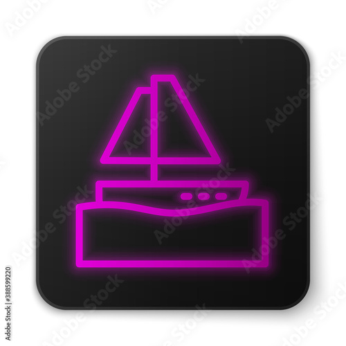 Glowing neon line Yacht sailboat or sailing ship icon isolated on white background. Sail boat marine cruise travel. Black square button. Vector.