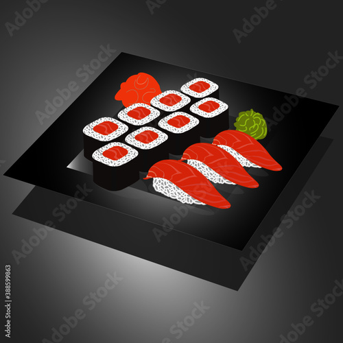 black plate with rolls, sushi, ginger and wasabi on gray background