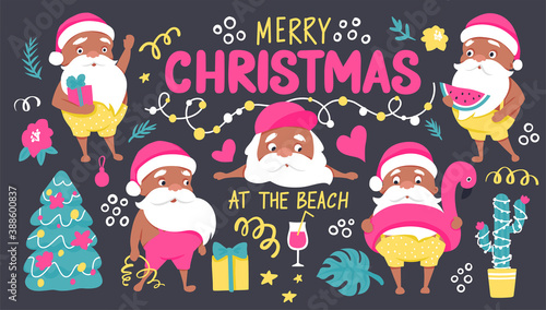 Summer Santa characters. Tropical Christmas and Happy New Year in a warm climate collection.