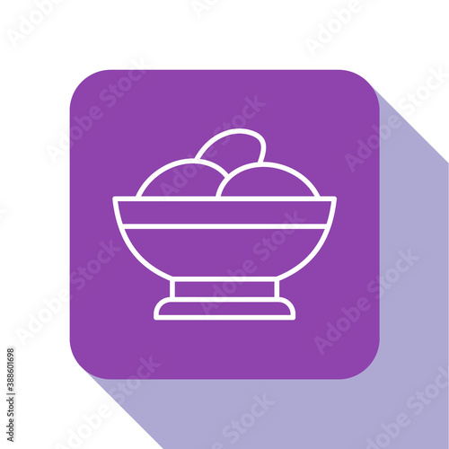 White line Varenyky in a bowl icon isolated on white background. Pierogi, varenyky, dumpling, pelmeni, ravioli. Traditional Ukrainian food. Purple square button. Vector.