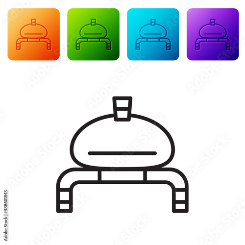 Black line Bread and salt on towel icon isolated on white background. National food loaf. Traditional ukrainian wedding bread. Set icons in color square buttons. Vector.