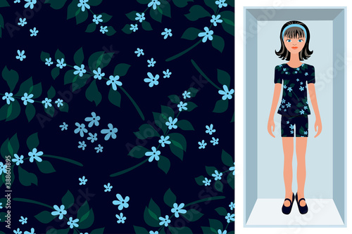 Vector Seamless Pattern. A doll in a box is an example of using a pattern on a pajamas. Seamless floral pattern for textile, contrasting, leaves small flowers on a dark background, elegant background