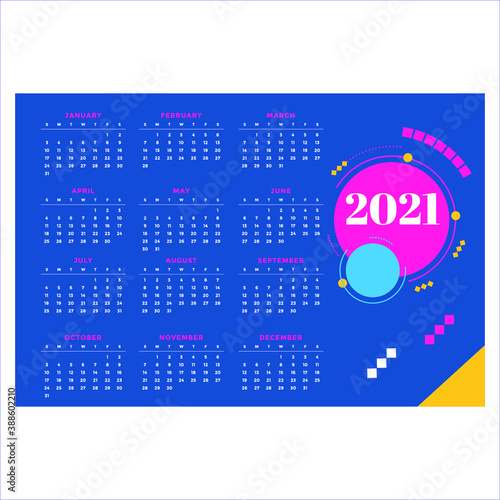 Calendar, Happy New Year 2021  Vector on color background For New Year's Day Cards. illustration,
