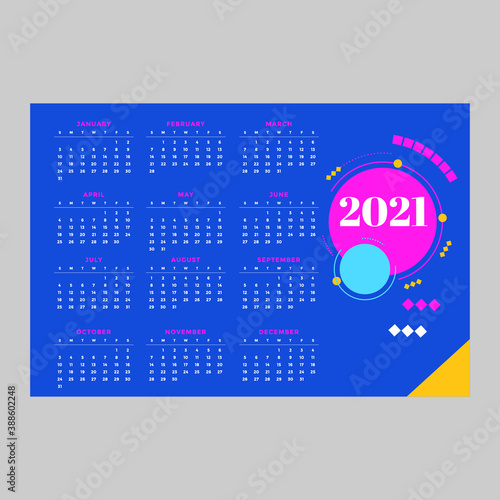 Calendar, Happy New Year 2021  Vector on color background For New Year's Day Cards. illustration,
