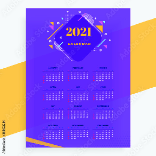 Calendar, Happy New Year 2021  Vector on color background For New Year's Day Cards. illustration,
