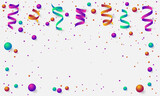 Banner with paper colored dust, confetti, balls and serpentine, ribbon and empty space for text. Vector illustration for Holidays on white background. Elements for poster, holiday, party.