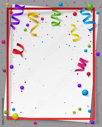 Poster with paper frame, colored dust, confetti, balls and serpentine, ribbon and empty space for text. Vector illustration for Holidays on white background. Elements for banner, holiday, party.