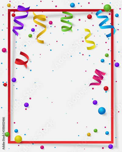 Poster with paper frame, colored dust, confetti, balls and serpentine, ribbon and empty space for text. Vector illustration for Holidays on white background. Elements for banner, holiday, party.
