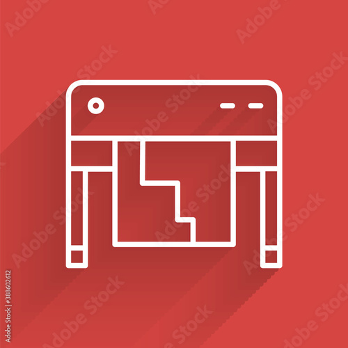 White line Plotter icon isolated with long shadow. Large format multifunction printer. Polygraphy, printshop service. Vector.